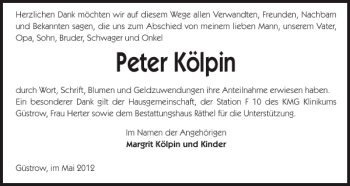 Traueranzeige von Peter Kölpin von Güstrower Anzeiger