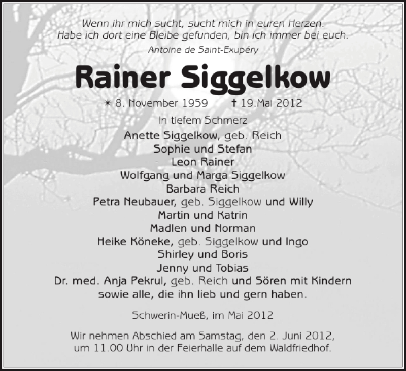  Traueranzeige für Rainer Siggelkow vom 26.05.2012 aus Zeitung für die Landeshauptstadt