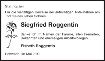 Traueranzeige von Siegfried Roggentin von Zeitung für die Landeshauptstadt