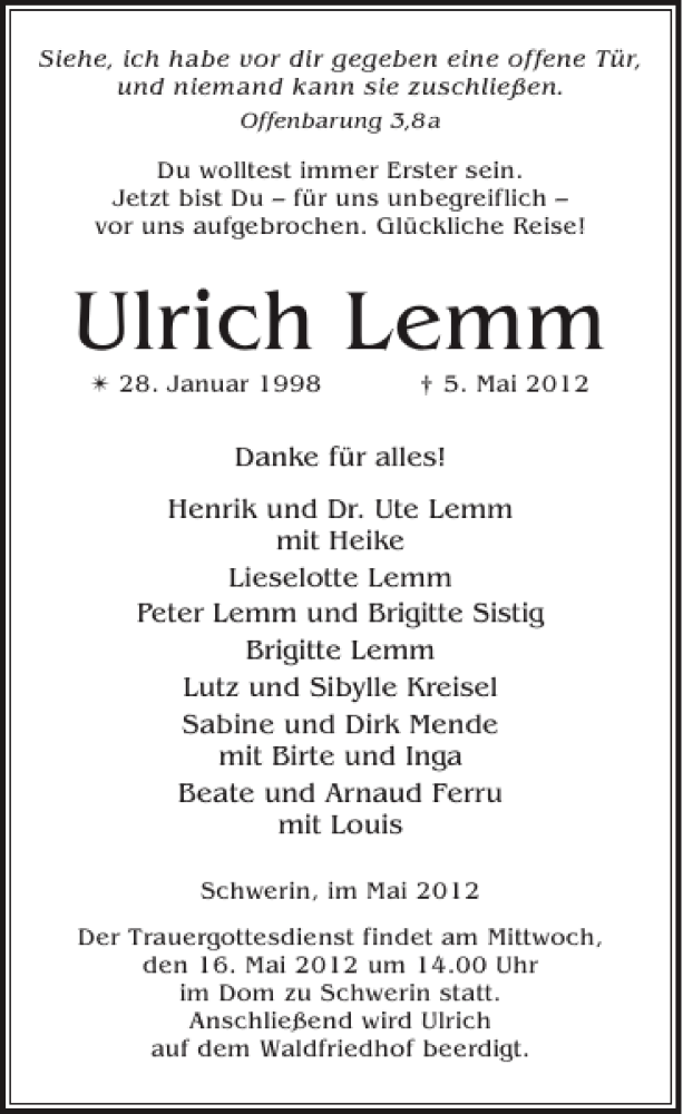  Traueranzeige für Ulrich Lemm vom 12.05.2012 aus Zeitung für die Landeshauptstadt