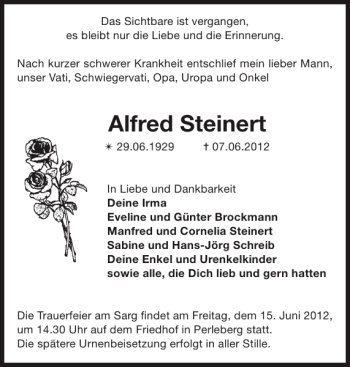 Traueranzeige von Alfred Steinert von Der Prignitzer