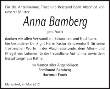 Traueranzeige von Anna Bamberg von Güstrower Anzeiger