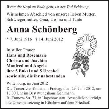 Traueranzeige von Anna Schönberg von Hagenower Kreisblatt