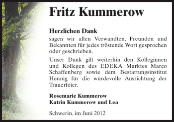 Traueranzeige von Fritz Kummerow von Zeitung für die Landeshauptstadt