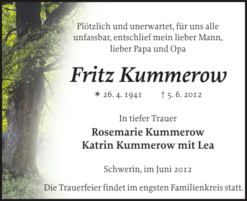  Traueranzeige für Fritz Kummerow vom 09.06.2012 aus Zeitung für die Landeshauptstadt