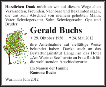 Traueranzeige von Gerald Buchs von Anzeiger für Sternberg - Brüel - Warin