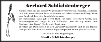 Traueranzeige von Gerhard Schlichtenberger von Anzeiger für Sternberg - Brüel - Warin