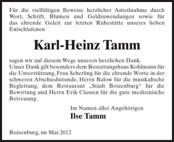 Traueranzeige von Karl-Heinz Tamm von Hagenower Kreisblatt