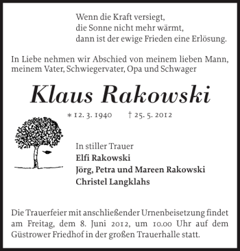 Traueranzeige von Klaus Rakowski von Güstrower Anzeiger