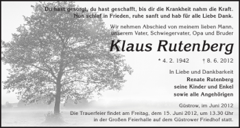 Traueranzeige von Klaus Rutenberg von Güstrower Anzeiger