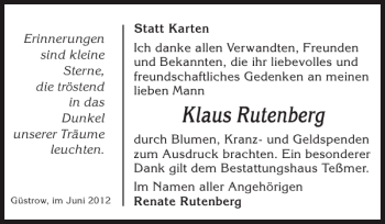 Traueranzeige von Klaus Rutenberg von Güstrower Anzeiger