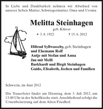 Traueranzeige von Melitta Steinhagen von Zeitung für die Landeshauptstadt