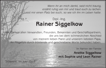 Traueranzeige von Rainer Siggelkow von Zeitung für die Landeshauptstadt