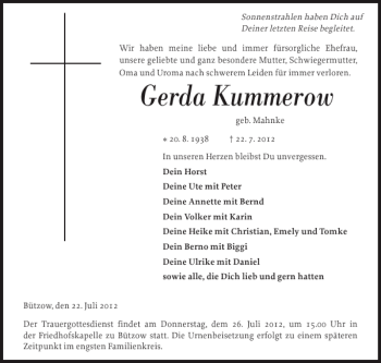 Traueranzeige von Gerda Kummerow von Bützower Zeitung