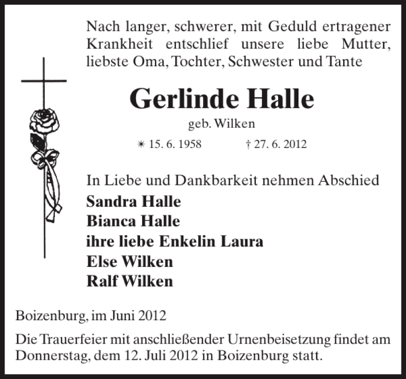  Traueranzeige für Gerlinde Halle vom 07.07.2012 aus Hagenower Kreisblatt