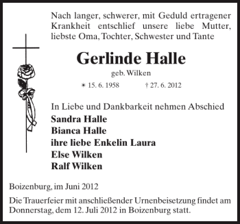 Traueranzeige von Gerlinde Halle von Hagenower Kreisblatt