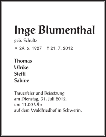 Traueranzeige von Inge Blumenthal von Zeitung für die Landeshauptstadt