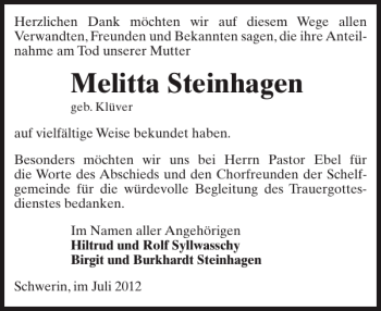 Traueranzeige von Melitta Steinhagen von Zeitung für die Landeshauptstadt