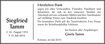 Traueranzeige von Siegfried Tamm von Zeitung für die Landeshauptstadt