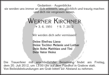 Traueranzeige von WERNER KIRCHNER von Ludwigsluster Tageblatt