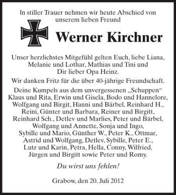 Traueranzeige von Werner Kirchner von Ludwigsluster Tageblatt