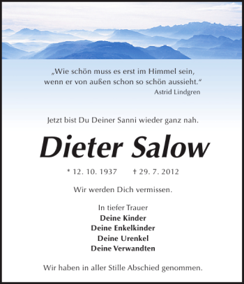 Traueranzeige von Dieter Salow von Güstrower Anzeiger