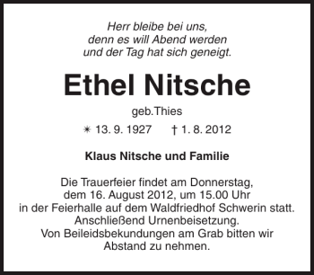 Traueranzeige von Ethel Nitsche von Zeitung für die Landeshauptstadt