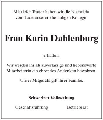 Traueranzeige von Frau Karin Dahlenburg von Zeitung für die Landeshauptstadt