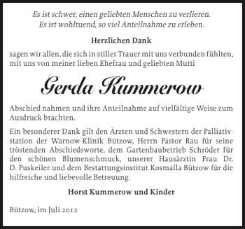 Traueranzeige von Gerda Kummerow von Bützower Zeitung