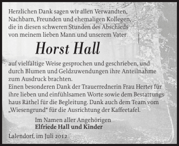 Traueranzeige von Horst Hall von Güstrower Anzeiger