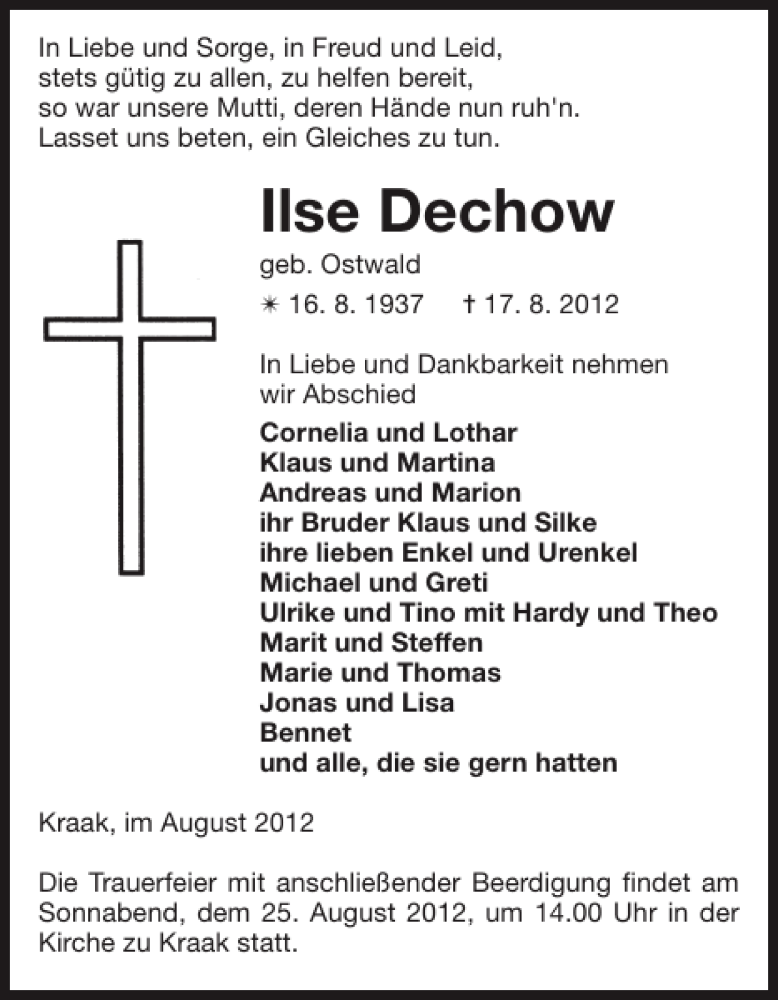  Traueranzeige für Ilse Dechow vom 22.08.2012 aus Zeitung für die Landeshauptstadt