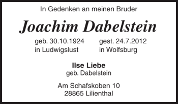 Traueranzeige von Joachim Dabelstein von Ludwigsluster Tageblatt