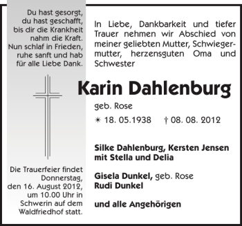 Traueranzeige von Karin Dahlenburg von Zeitung für die Landeshauptstadt