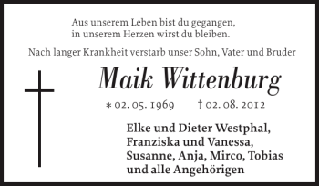 Traueranzeige von Maik Wittenburg von Anzeiger für Sternberg - Brüel - Warin