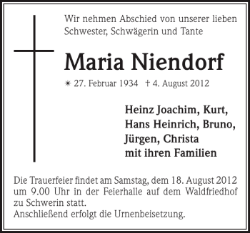 Traueranzeige von Maria Niendorf von Zeitung für die Landeshauptstadt