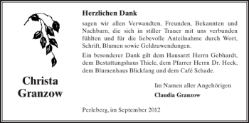 Traueranzeige von Christa Granzow von Der Prignitzer