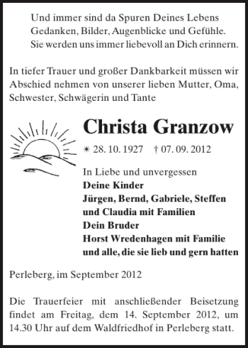 Traueranzeige von Christa Granzow von Der Prignitzer