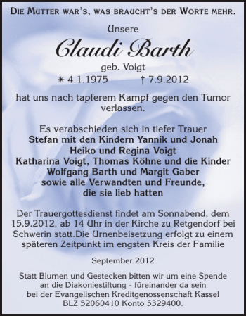 Traueranzeige von Claudi Barth von Parchimer Zeitung