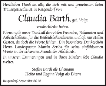 Traueranzeige von Claudia Barth von Parchimer Zeitung