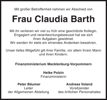 Traueranzeige von Frau Claudia Barth von Zeitung für die Landeshauptstadt