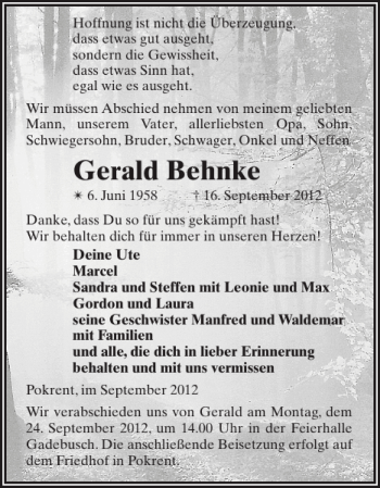 Traueranzeige von Gerald Behnke von Gadebusch-Rehnaer Zeitung