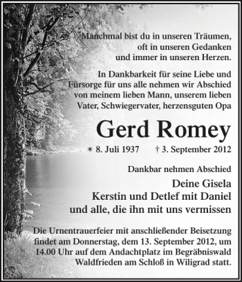 Traueranzeige von Gerd Romey von Zeitung für die Landeshauptstadt