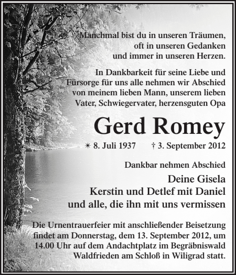  Traueranzeige für Gerd Romey vom 08.09.2012 aus Zeitung für die Landeshauptstadt