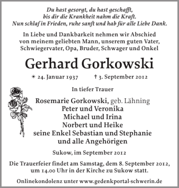 Traueranzeige von Gerhard Gorkowski von Zeitung für die Landeshauptstadt