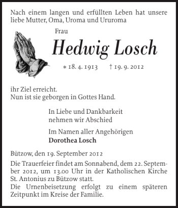 Traueranzeige von Hedwig Losch von Bützower Zeitung