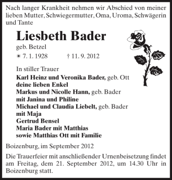 Traueranzeige von Liesbeth Bader von Hagenower Kreisblatt