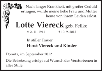 Traueranzeige von Lotte Viereck von Ludwigsluster Tageblatt