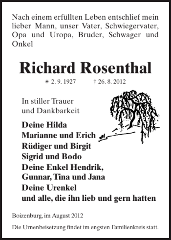 Traueranzeige von Richard Rosenthal von Hagenower Kreisblatt