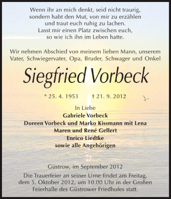 Traueranzeige von Siegfried Vorbeck von Güstrower Anzeiger