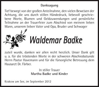 Traueranzeige von Waldemar Badke von Güstrower Anzeiger